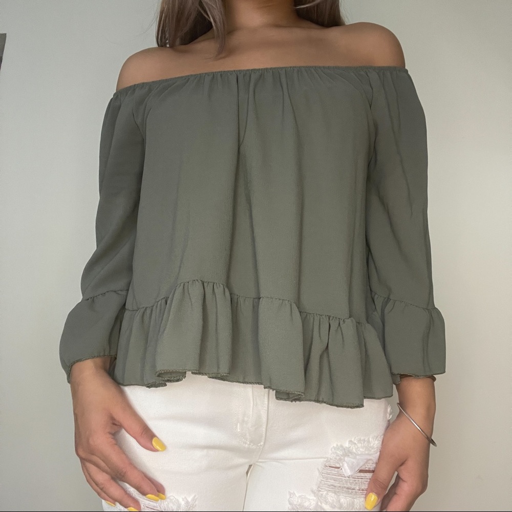 olive blouse with ruffles